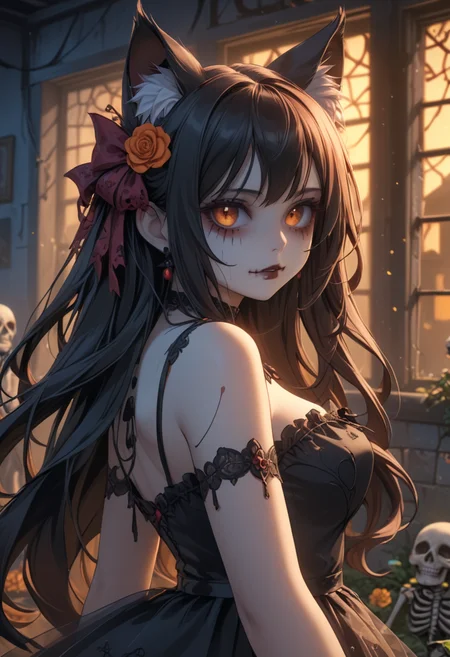score_9, score_8_up, score_7_up, score_6_up, dynamic, (anime, masterpiece), best quality, (8k), detailed background, sharp focus, intricate, ambient lighting, super high quality, hyper detailed background, cinematic lighting, adult, double tone long hair, mature, Day of the Dead, embedding:zPDXLxxx, spooky, cat ears, dress, posing, abandoned house, addDetailXl.MLUV, Nyaomi<lora:Nyaomi.safetensors:1.0:1.0> <lora:addDetailXl.MLUV.safetensors:1.0:1.0>