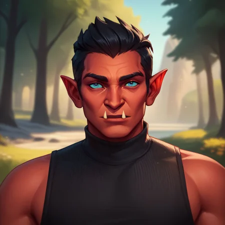 (((beautiful, high quality))), upper body, score_9, score_8_up, score_7_up, solo,
looks at the viewer,
Hobgoblin, red skin, fangs, big nose, 1boy, male focus, blue eyes, black hair, black sleeveless turtleneck,
outdoor, fantasy background, nature, blurred background,