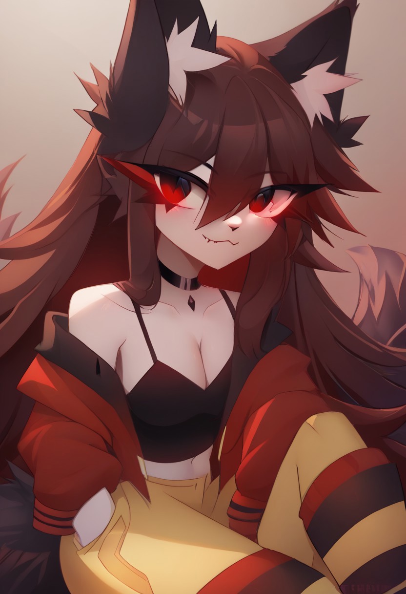 Dexechiistyle, score_9, score_8_up, score_7_up, score_6_up, score_5_up, (best quality:1.2), ultra high res, high quality, 4k, cute, (masterpiece), crydiaa-oc, red eyes, animal ears, wolf tail, tail, wolf ears, animal ear fluff, bangs, very long hair, red hair, brown hair, hair between eyes, eyes visible through hair, fang, jacket, yellow pants, striped thighhighs, choker, black thighhighs, cleavage, striped, thighhighs, collarbone, black choker, red thighhighs