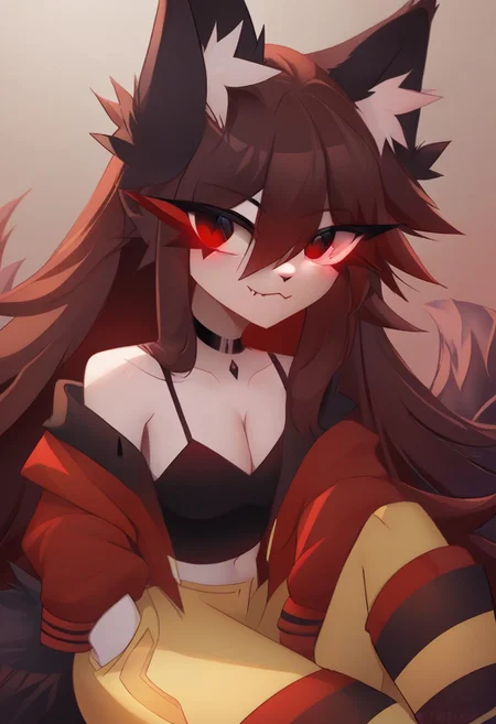 Dexechiistyle, score_9, score_8_up, score_7_up, score_6_up, score_5_up, (best quality:1.2), ultra high res, high quality, 4k, cute, (masterpiece), crydiaa-oc, red eyes, animal ears, wolf tail, tail, wolf ears, animal ear fluff, bangs, very long hair, red hair, brown hair, hair between eyes, eyes visible through hair, fang, jacket, yellow pants, striped thighhighs, choker, black thighhighs, cleavage, striped, thighhighs, collarbone, black choker, red thighhighs