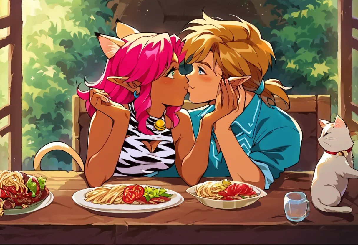 score_9, score_8_up, score_7_up, score_6_up, 1990s_(Style), Anime_Coloring, masterpiece, source_anime screenshot, duo, 1 girl, 1 boy, vivid colors, anime style, cartoon anime, source_anime, high-res, beautiful aesthetic, very intricate, high-quality details, vibrant, highly detailed, award-winning, professional, sleek and shiny, <lora:pink-ponyxl-v2:1>, : 3 smile, single fang showing, sleeveless dress, white tiger print dress, pelvic curtain, cleavage, white cat ears, cat bell necklace, bright pink hair, long hair, tanned, white tiger tail, red sash, small breasts, leather shoes, detailed eyes, green eyes, detailed face BREAK score_9, score_8_up, score_7_up, score_6_up, Masterpiece, source_anime, anime style, 1 girl, 1 boy, vivid colors, high-res, beautiful aesthetic, very intricate, high-quality details, vibrant, highly detailed, award-winning, professional, <lora:link:1> link1, link, pointy ears, blonde hair, blue eyes, medium hair, side locks, earrings, short ponytail, blue hylian tunic, break, pink and link at an outdoor restaurant sitting at a table eating pasta, pink and link eating the same strand of pasta and closing in for a kiss, front view, happy, whimsical