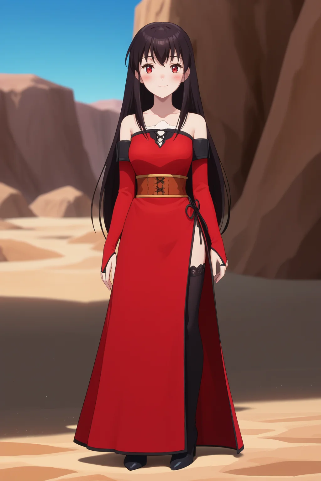<lora:celeste_izo:1>
score_9, score_8_up, score_7_up, 1girl, solo,
celeste, long hair, black hair, red eyes
medium breasts, red dress, detached sleeves, bridal gauntlets, long dress, bare shoulders, collarbone, black thighhighs, side slit, high heels,
closed mouth, smile,
blush, looking at viewer, standing, full body,
outdoors, desert, blue sky, blurry background,