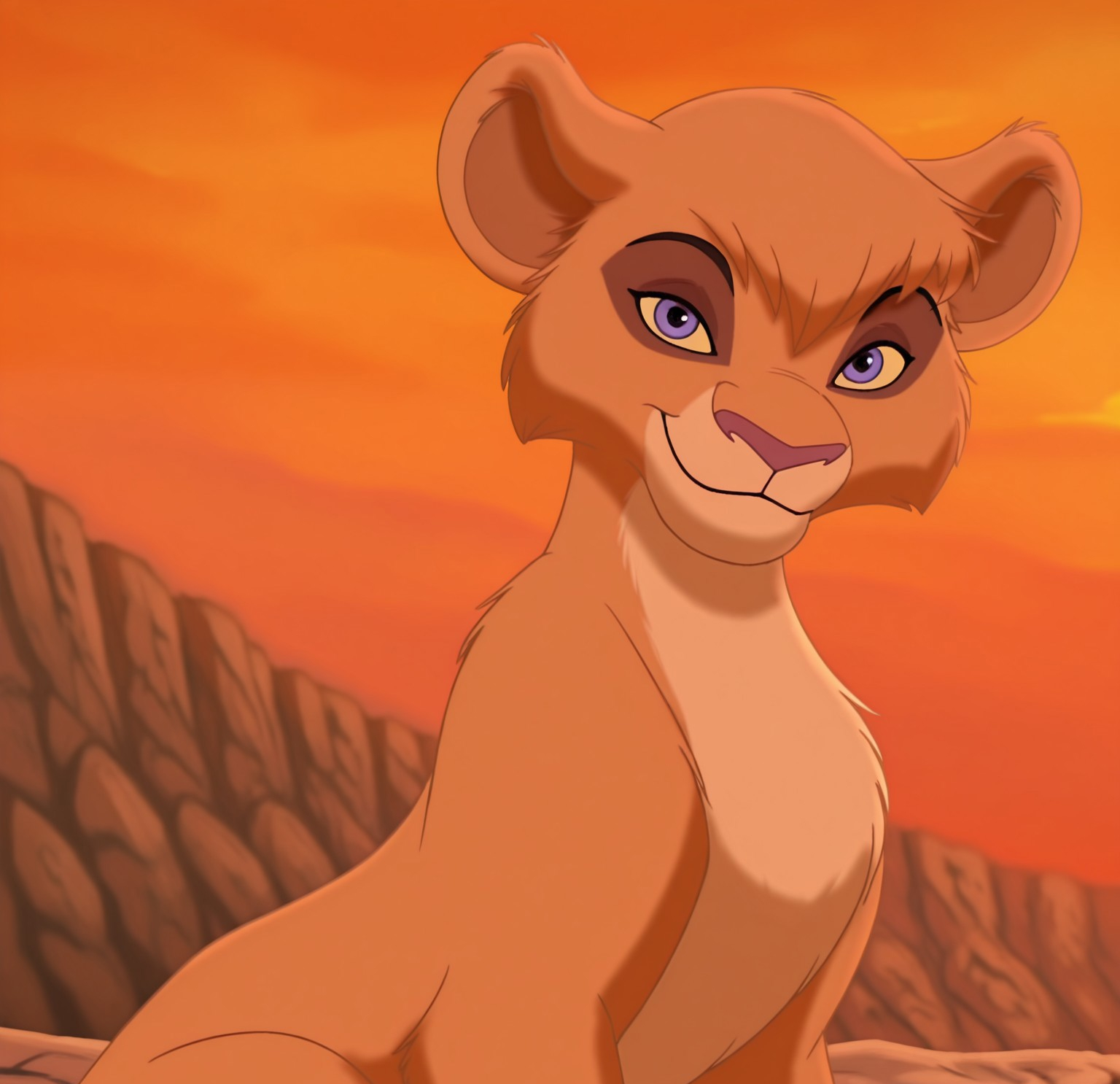 8k, uncensored, masterpiece, best quality, highly detailed, realistic, 1girl, solo, VitaniTLK, furry, feral, feline, lioness, brown hair, short hair, yellow sclera, purple eyes, black pupils, dark-pink nose, brown body, brown fur, tan body, tan fur, two tone body, two tone fur, brown tail, dark-brown tail tuft, smile, closed mouth, (looking at viewer, sitting, sunset, orange sky, cliff, gravel, detailed background, front view, upper body