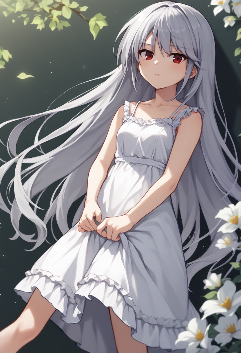 score_9,  score_7_up,   1girl, Kazuki, silver hair, long hair, red eyes,  white sundress, holding skirt,   <lora:Kazuki Lora-000009:1>