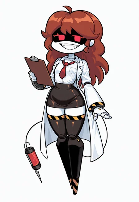 score_9, score_8_up, score_7_up, score_6_up, high quality, absurdres, masterpiece, 4K,
BREAK,
GirlfriendFNF, SD-V, robot girl, humanoid robot, robot joints, 1girl, solo, full body, white skin, four fingers, 4 fingers, yellow details, (earless:1.3), long thick auburn hair, Two short locks of hair, round head, (red eyes:1.3), glowing eyes, virtual led eyes, smile, teeth, fangs, tail, tail syringe, no feet, flat chest, white button-up shirt, red necktie, black skirt, black stockings, white lab coat, (looking at viewer, holding clipboard)