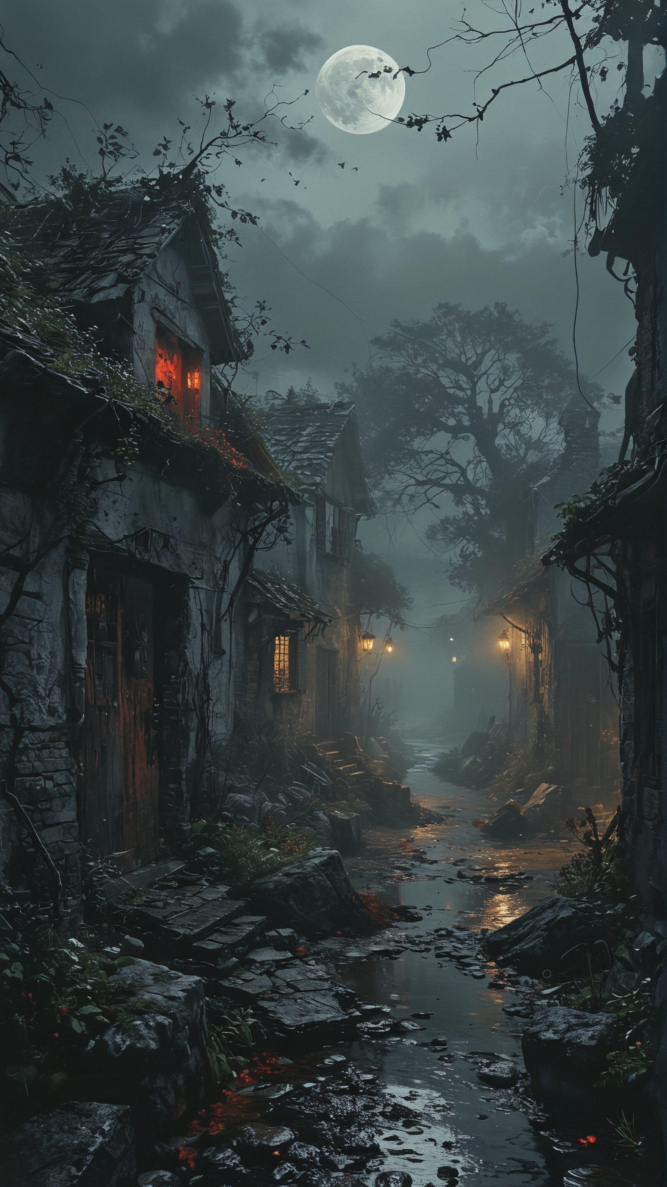 A dark fantasy scene set in an abandoned rural village. The once charming cottages are now dilapidated, with roofs caved in and ivy crawling up the walls. The cobblestone streets are cracked and overgrown with twisted weeds. Eerie fog blankets the village, and the moon casts an ominous glow. Hideous, nightmarish monsters roam the village: a hulking, multi-limbed beast with glowing red eyes prowls the streets, a spectral wraith drifts between the buildings, and a pack of skeletal creatures emerges from the shadows of an old barn. The air is filled with an unsettling, otherworldly energy, and the sense of danger is palpable.
.black and white but deep red. white background
<lora:add-detail-xl:2> <lora:MJ52:0.5> <lora:ink-style_A3.1_XL:0.66> (ink-style, ink_wash_painting)