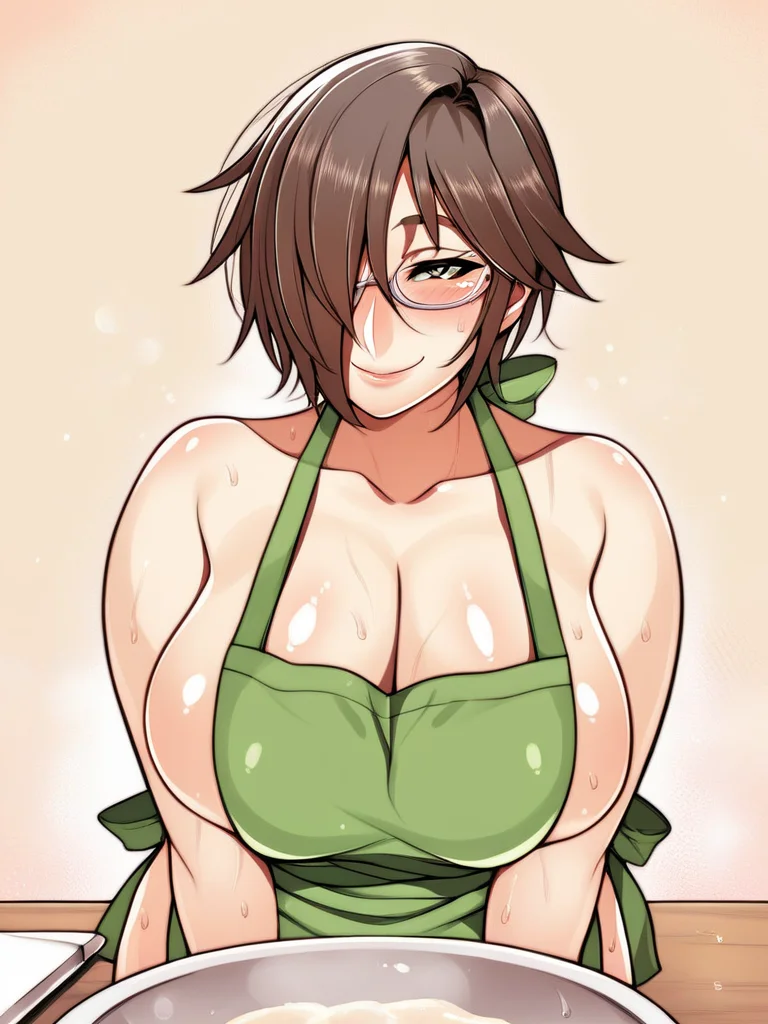 score_6_up, 1girl, apron, blush, breasts, brown eyes, cleavage, collarbone, glasses, hair over one eye, huge breasts, looking at viewer, mature female, naked apron, short hair, smile, solo, sweat, <lora:KorotsukePony:0.85>
