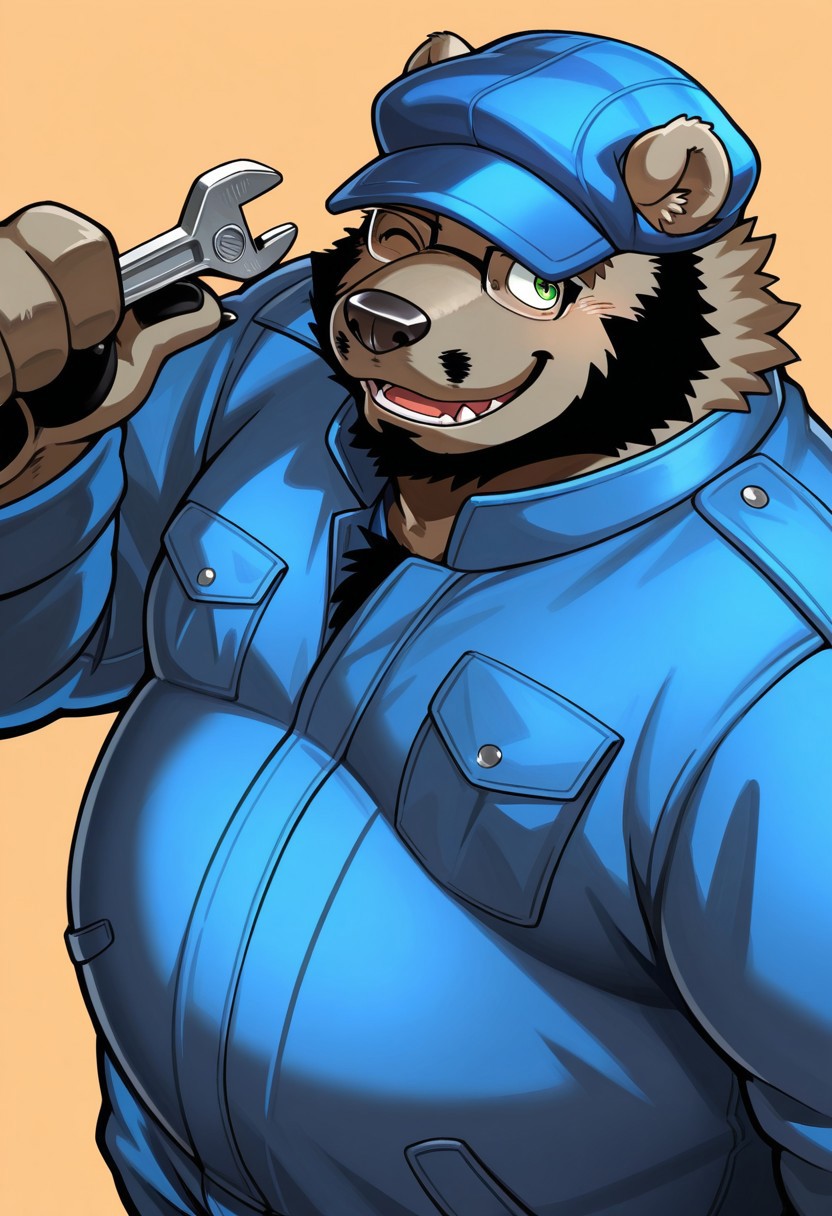 solo, brown background, 1boy, male, anthro, bear, brown fur, short ears, round ears, short tail, plump, overweight, black nose, black beard around chin, short black mustache, thick dark brown eyebrows, black claws, green eyes, black glasses, dark blue hat, dark blue coveralls, blue uniform, looking at viewer, smile, close-up focus, from above, dynamic angle, half eyes closed, open mouth, side angle focus, looking up, holding wrench, hand up, upper body, one eye closed, wink, thumbs up