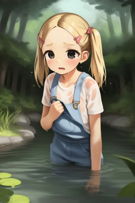 score_9, score_8_up, score_7_up, rating_safe BREAK
1girl, (:t), tearing up, black eyes, blonde hair, twintails, hairclip, forehead, flat chest, white t-shirt, pink overalls, forest, river, partially submerged, (wet, wet clothes, wet shirt, dripping)