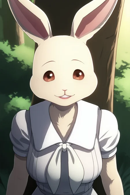 score_9, score_8_up, score_7_up, score_6_up, BREAK, HaruBPXL, anthro furry, furry female, body fur, white fur, brown eyes, animal ears, rabbit ears, medium breasts, white dress, white neckerchief, short sleeves, solo, front view, (portrait, upper body), solo focus, seductive smile, looking at viewer, forest, tree <lora:HaruBPXL:1>