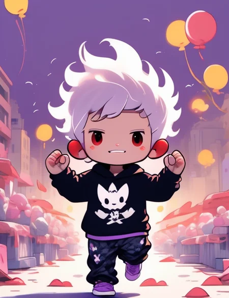male Legal age Taut, Southeast Asian, Ruby red eyes, Fleshy Nose, Dimpled Cheeks, Square face shape with Round Forehead, , Platinum Blonde Mid fade hair, Regret, wearing Lavender Fleur-de-lis Flannel Joggers, Muscle T-shirt, , , and and, Arms raised in victory or celebration, 8K, <lora:sdxl_cute_social_comic:0.8> cute comic