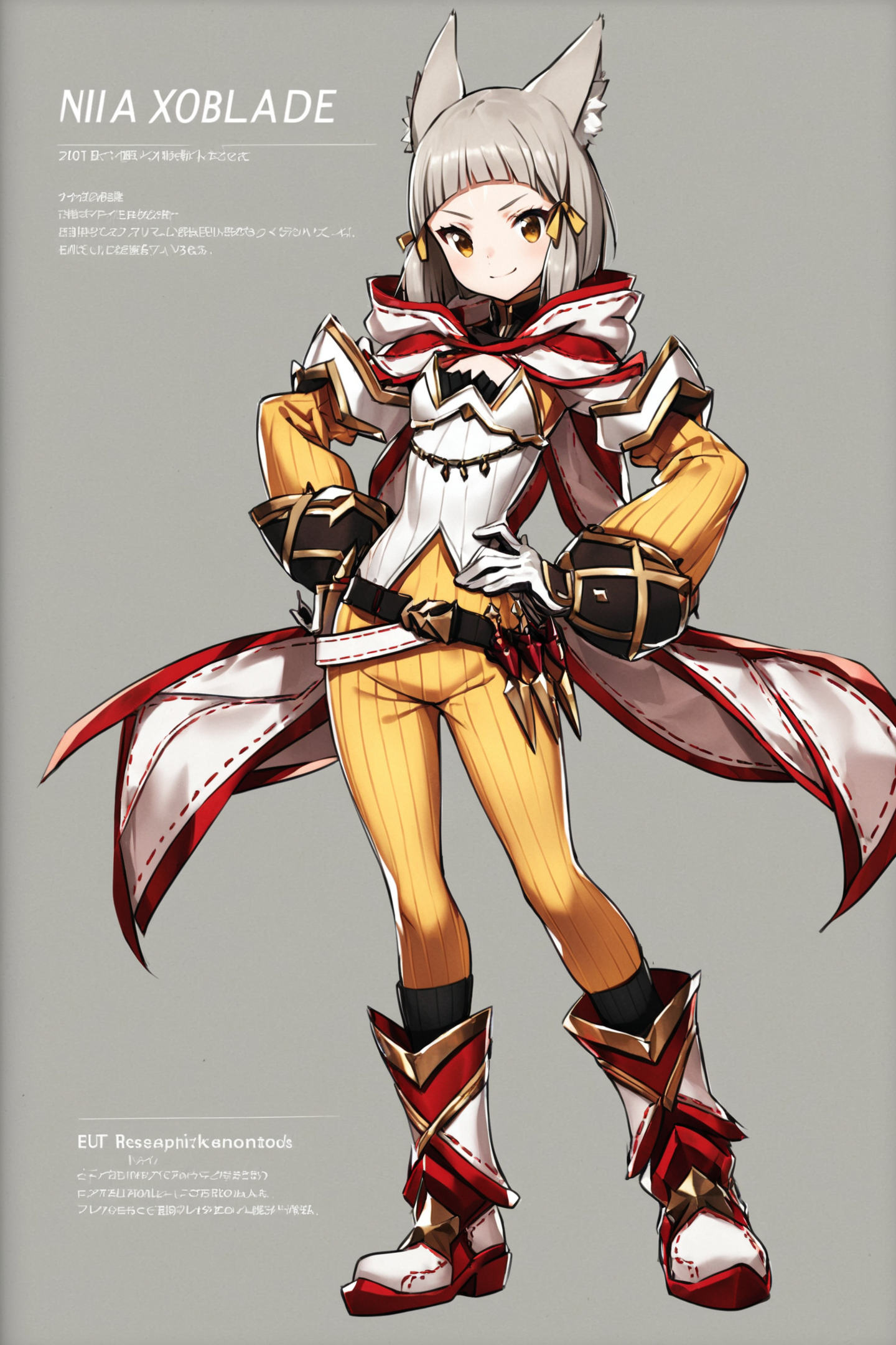 1girl,nia (xenoblade),gloves,animal ears,white gloves,solo,simple background,cat ears,full body,bangs,knife,short hair,bodysuit,grey hair,yellow eyes,hand on hip,facial mark,white background,looking at viewer,yellow bodysuit,blunt bangs,dagger,weapon,smile,long sleeves,standing,boots,flat chest,belt,ribbon,character name,flower,<lora:saitom_XL:0.8>,