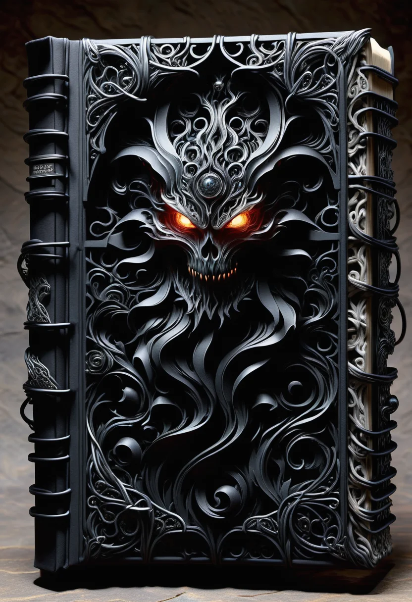 hyper detailed masterpiece, dynamic, awesome quality, DonMN1gh7D3m0nXL self-help, wire binding, embossing, stone, slipcases, made of shadow <lora:DonMN1gh7D3m0nXL-v1.1-000008:1>