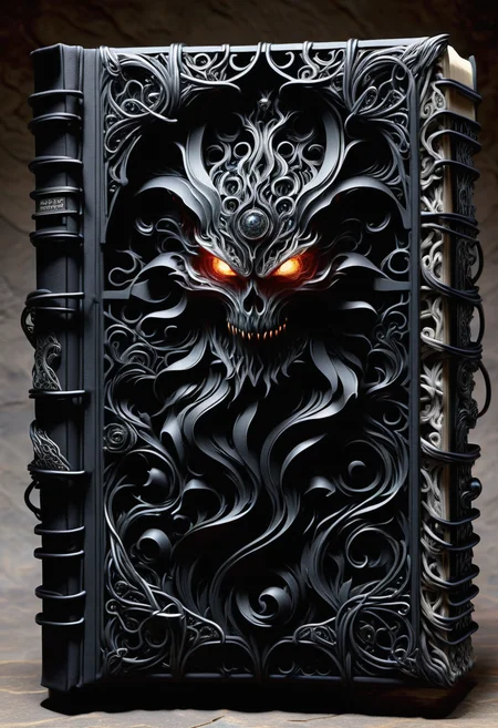 hyper detailed masterpiece, dynamic, awesome quality, DonMN1gh7D3m0nXL self-help, wire binding, embossing, stone, slipcases, made of shadow <lora:DonMN1gh7D3m0nXL-v1.1-000008:1>