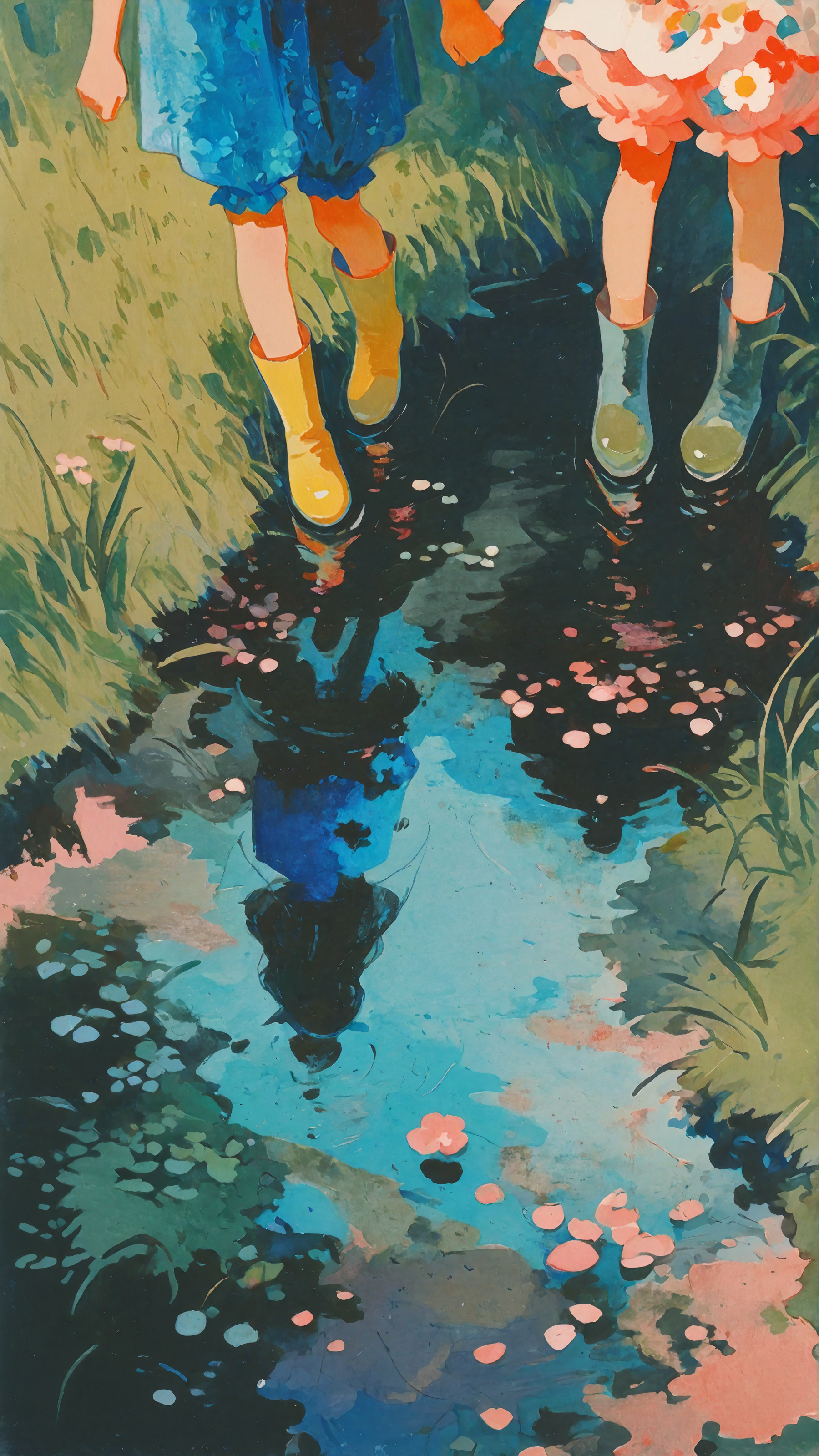 masterpiece, newest,absurdres,incredibly absurdres, best quality, amazing quality, very aesthetic, painterly, 
2girls, holding hands, blue bloomers, pink bloomers,, floral print, wet pavement, grass, rubber boots, 
 <lora:KonYa666:1> kony4666 <lora:ka_marukogedago:1> k4_illu, abstract, traditional media, scan, blending, painting \(medium\), oil painting \(medium\)