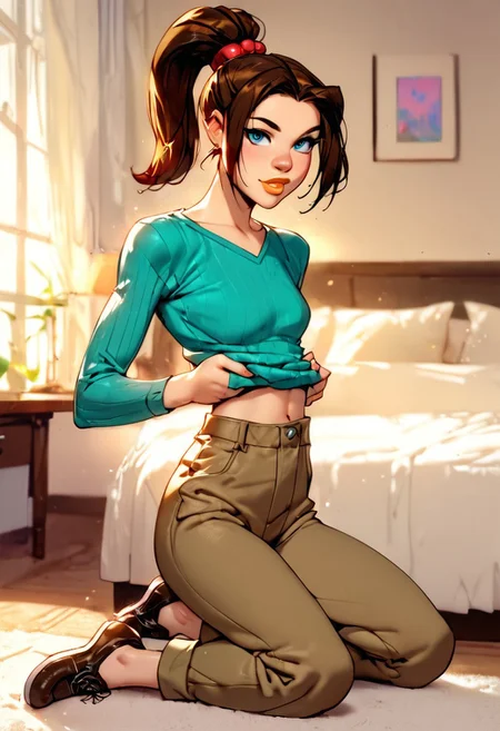 score_9, score_8_up, score_7_up,score_6_up, 
1girl, solo, indoors, motel, sitting on bed, daytime, seashells, (((lifting shirt))),
ktprd, high ponytail, blue eyes, bumpy nose, orange lips, turquoise midriff sweater, long sleeves, brown cargo pants, shoes,
<lora:PerfectEyesXL:0.8>,