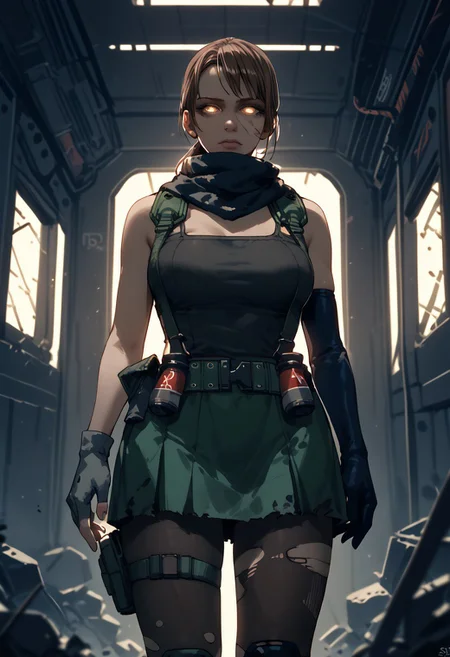 zPDXL3, score_9_up, score_8_up, score_7_up, (Anime_source), 1girl, standing, looking at viewer, QuietSDXL, large breasts, brown hair, ponytail, pantyhose, torn clothes, suspenders, holster, torn pantyhose, asymmetrical gloves, thigh holster, mismatched gloves black scarf, green short skirt, knee pads, elbow gloves, fingerless gloves, glowing eyes, sinozick style, flat color, dark theme, background, interior, bedroom