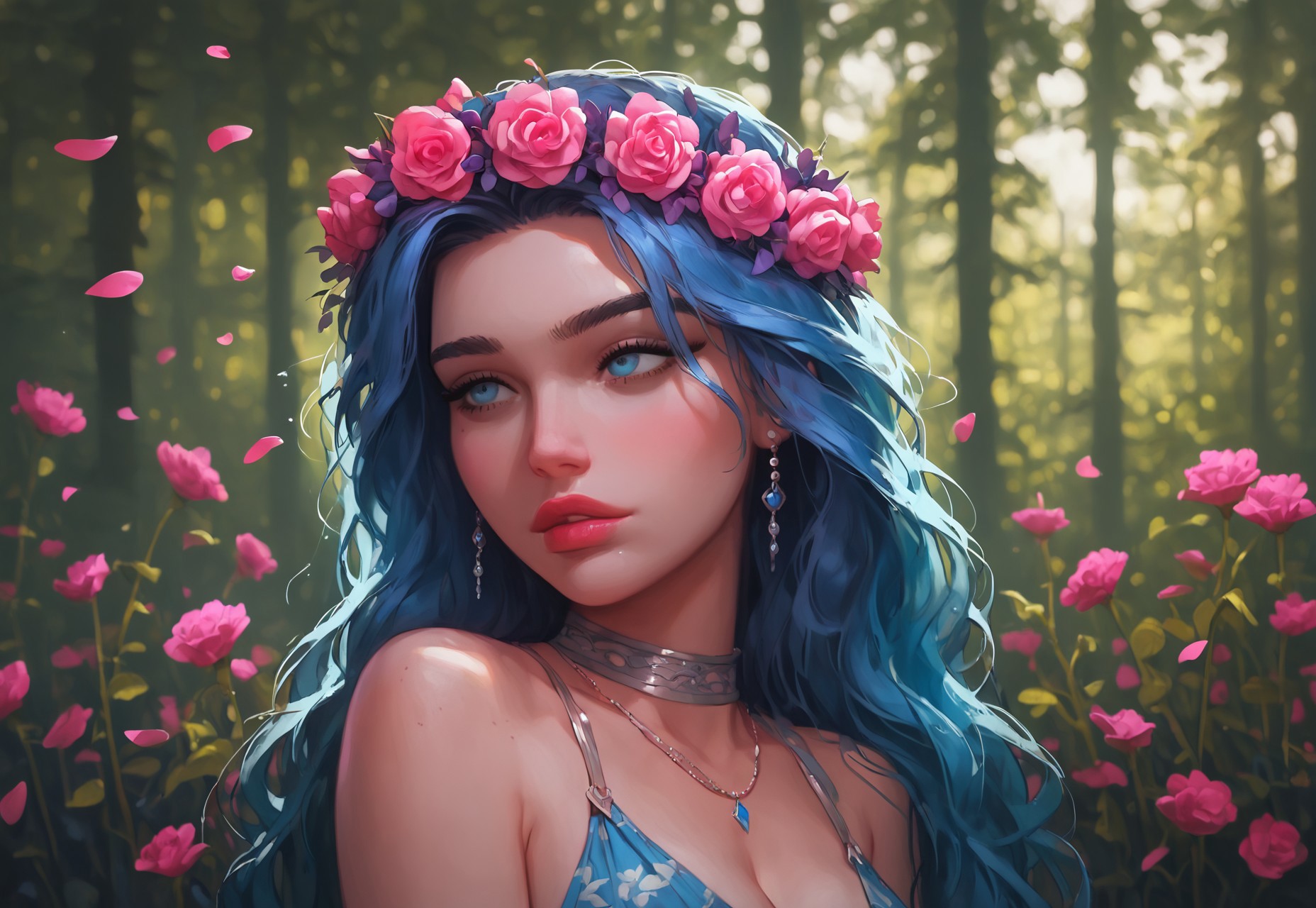 Expressiveh, easynegative, g0thicPXL,  fpo_down, glowing, Jabstyle, score_9, score_8_up, score_7_up, woman, half-body portrait, deep blue hydrangea flowers instead of hair, floral crown, lush petals, soft texture, calm expression, ethereal, smooth skin, rich dark blue tones, otherworldly, magical, subtle blurred background, focus on floral arrangement 