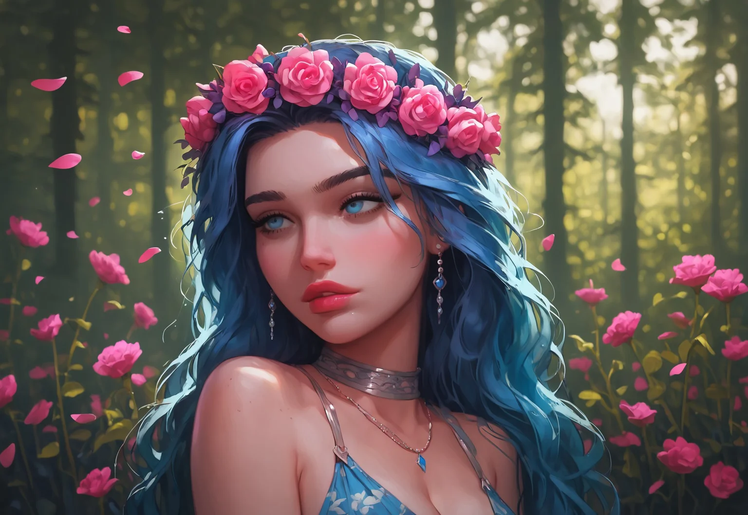 Expressiveh, easynegative, g0thicPXL, fpo_down, glowing, Jabstyle, score_9, score_8_up, score_7_up, woman, half-body portrait, deep blue hydrangea flowers instead of hair, floral crown, lush petals, soft texture, calm expression, ethereal, smooth skin, rich dark blue tones, otherworldly, magical, subtle blurred background, focus on floral arrangement