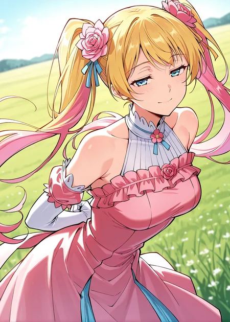 <lora:Meng_Wu:1>
1 girl, solo, blue eyes, blonde hair
pink dress, twintails, long hair, hair ornament, detached sleeves, hair flower, white gloves, elbow gloves, bare shoulders, pink hair flower, bare shoulders, side ponytail
score_9, score_8_up, score_7_up, very aesthetic, source_anime, detailed, high quality, beautiful, masterpiece, detailed eyes, field, blurry background, pose dynamic angle, upper body, cowboy shot, light smile, floating hair, half-closed eyes, hands behind back, leaning forward, looking forward, looking at viewer