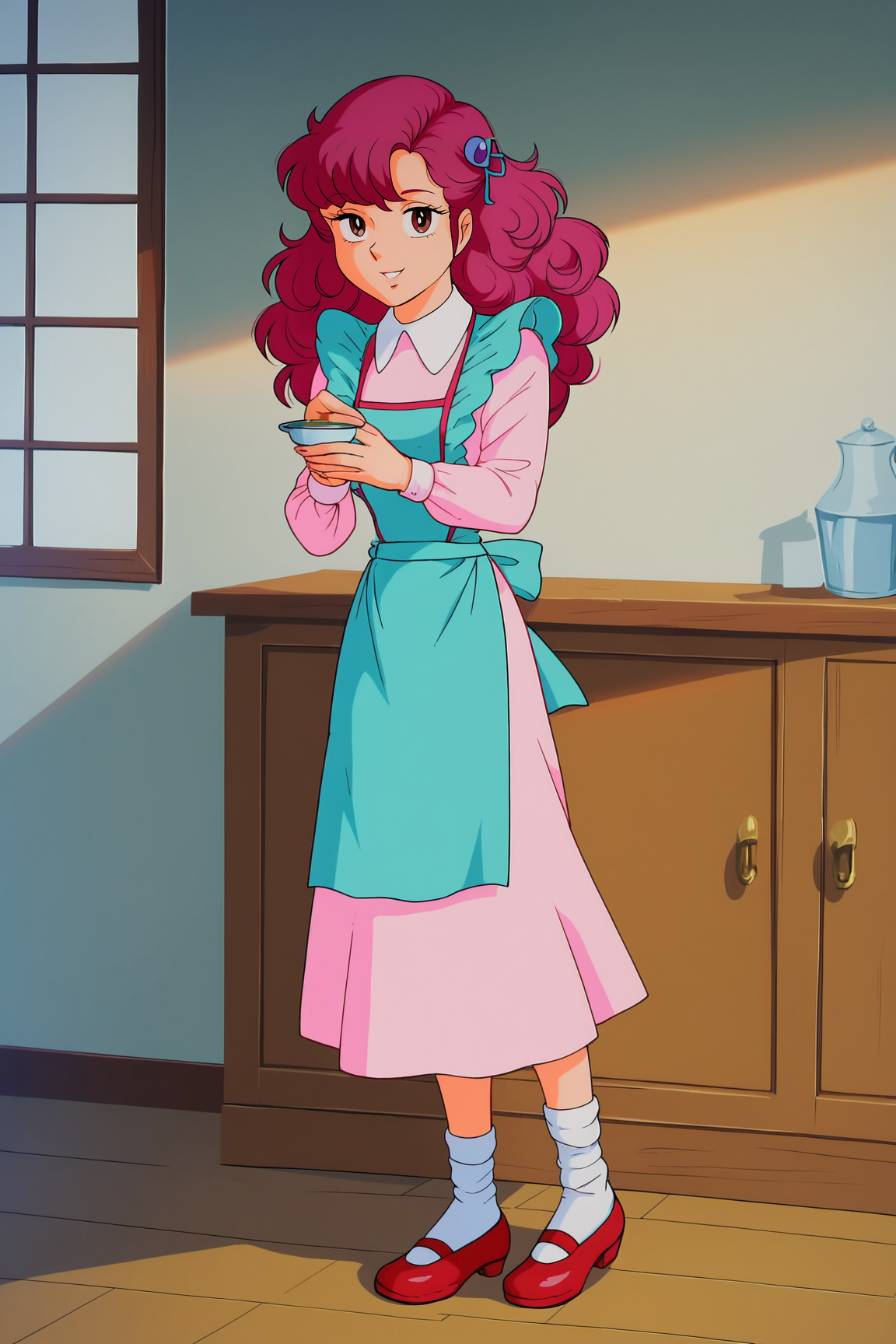 score_9, score_8_up, score_7_up, score_6_up, BREAK, RanUYXL, retro artstyle, brown eyes, pink hair, long hair, bangs, hair ornament, small breasts, white shirt collar, pink dress, long sleeves, aqua apron, white socks, red shoes, solo, full body, standing, seductive smile, looking at viewer, indoors <lora:RanUYXL:1>