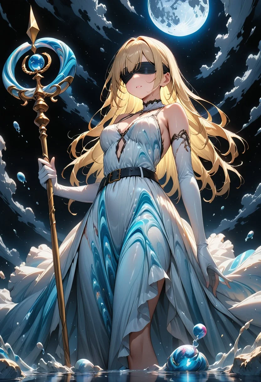 ((masterpiece), (best quality), (ultra-detailed),
, 1woman, light, upper body, long hair, blonde hair,
elbow gloves, illustration, 2DMM,
(staff, holding staff),
dress made of Liquid Marble, holds a staff, black blindfold, blind, holding scales of themis,
upper body, moon, standing on the edge of a destroyed bridge, white dress, belt,
From below, space, stars, night, sky, Liquid Marble,
)
