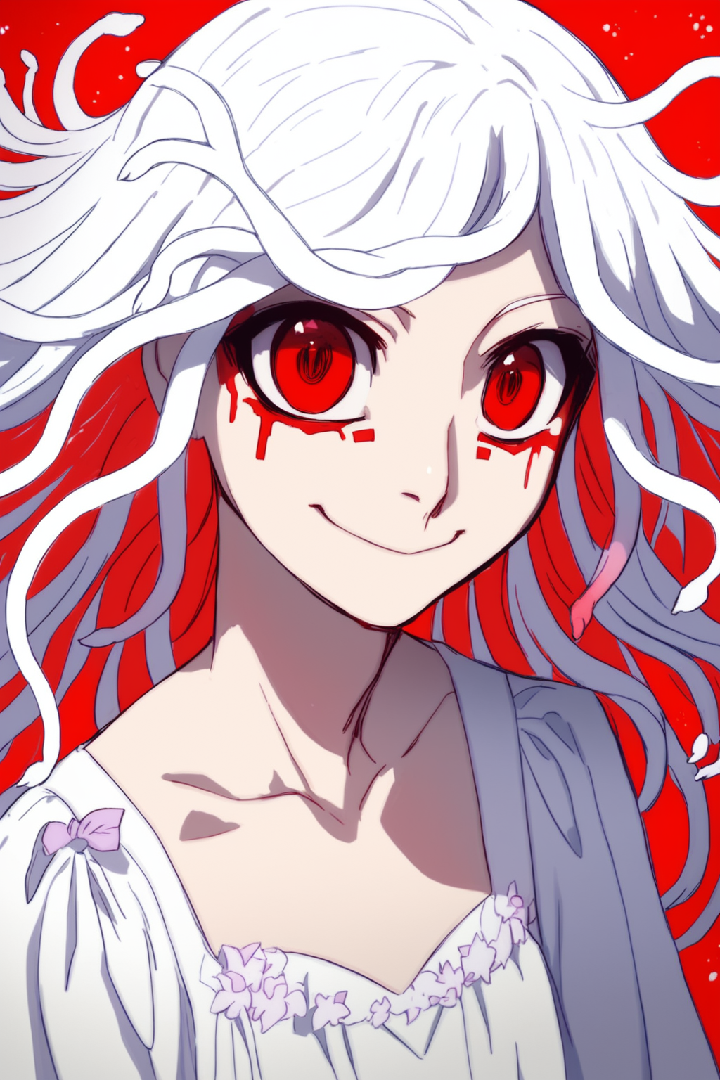 (score_9,score_8_up,score_7_up,),<lora:nadeko-000025:1>,nadeko white,white hair,long hair,red eyes,snake hair,white dress,(portrait:1.1),<lora:f3nn3rXLP:0.8>,f3nn3r,colourful,pink,blue,black,red,trippy,evil smile,