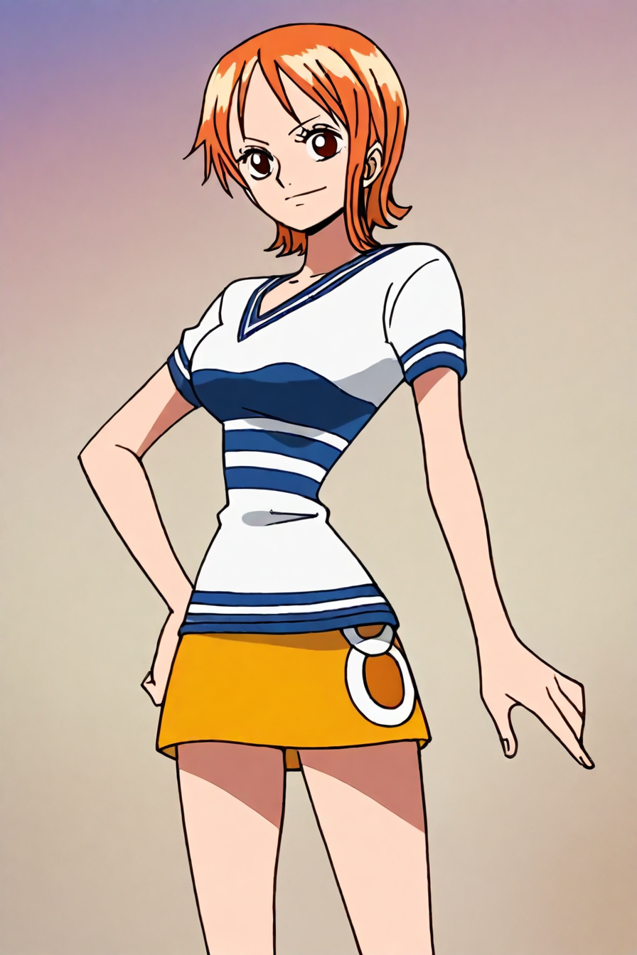 <lora:Nami_pre_timeskip_illustriousXL:1>, nami, orange hair, short hair, brown eyes, white shirt, striped shirt, yellow skirt, 1girl, solo, alone,  masterpiece, highres