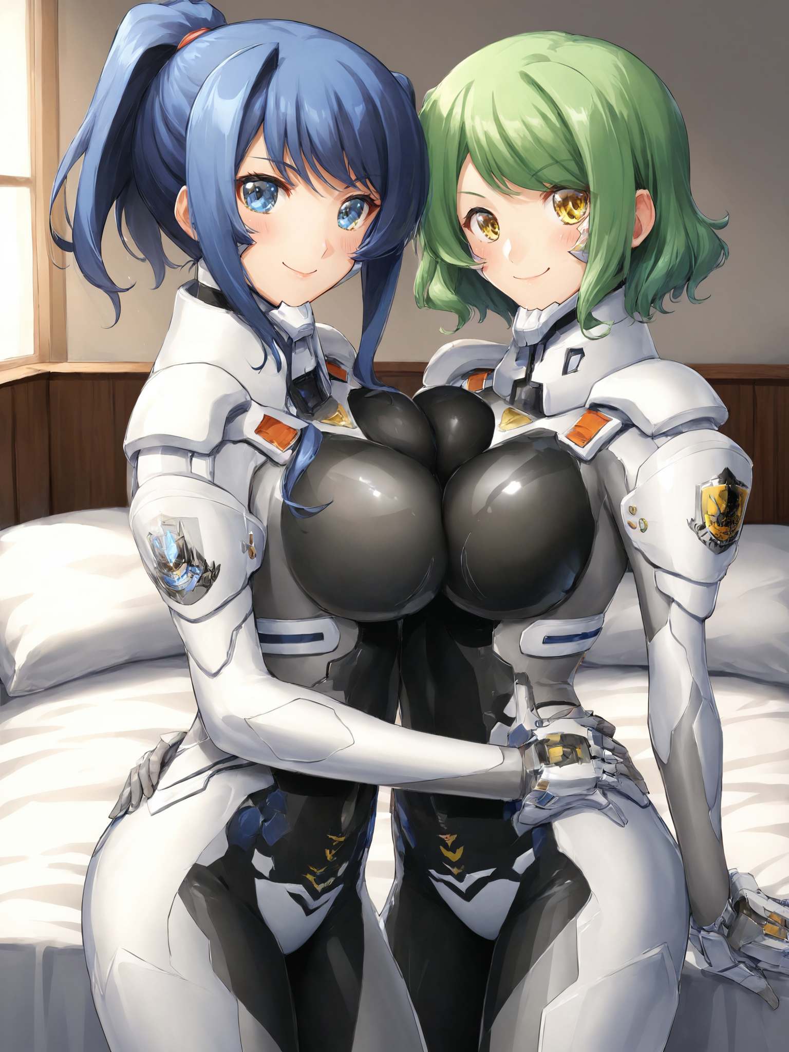 score_9, score_8_up, score_7_up, zPDXL, zPDXLpg, <lora:offset_0.2:0.1>, <lora:spo_sdxl_10ep_4k-data_lora_webui:1>, 2girls, germanfortifiedsuit, <lora:German_Fortified_Suit_v2:1>, indoors, bedroom, bed, symmetrical docking, hug, looking at viewer, blush, smile, standing
helgarose von falkenmayer, blue hair, blue eyes, ponytail, large breasts, short hair
lunateresia von wizleben, green hair, yellow eyes, medium hair, swept bangs, large breasts