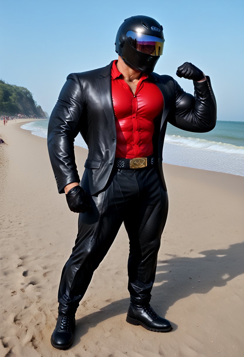 score_9, score_8_up, score_7_up, photo, photorealistic, rating_explicit, (solo:1.1), 1boy, black helmet with tinted visor, muscular male, masculine male, red glossy v neck shirt, black glossy leather blazer suit, formal, glossy pants, belt, skintight, black rubber gloves, black rubber boots, abs, nipples, pecs, flexing, proud, sweaty, outdoors beach, five digits
