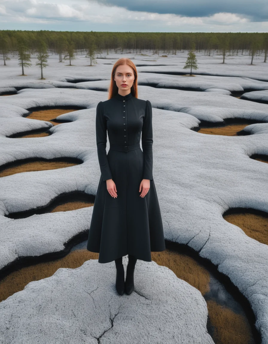 <lora:barbiefy:1.0> Estonia, a young beautiful woman at a peculiar landscape