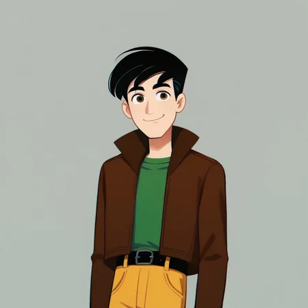 score_9, score_8_up, score_7_up BREAK RyanDef, 1boy, black hair, brown eyes, open brown jacket, green undershirt, belt, buckle, yellow pants, gray white shoes, cowboy shot, smiling at viewer,