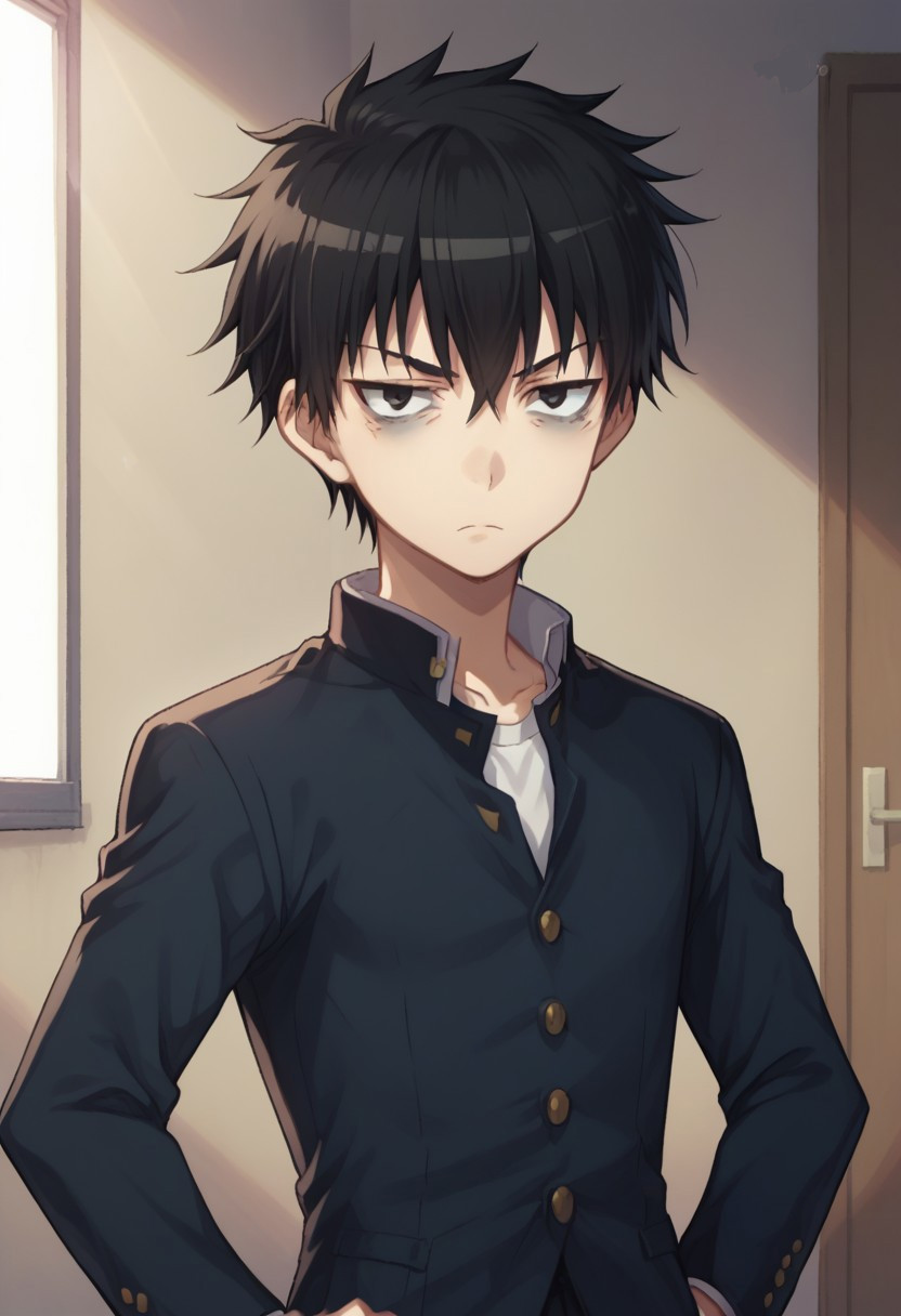score_9, score_8_up, score_7_up, source_anime, highly detailed, 
tomoki, 1boy, male focus, solo, black hair, school uniform, gakuran, upper body, hand on hip, black eyes, bags under eyes, looking at viewer,
