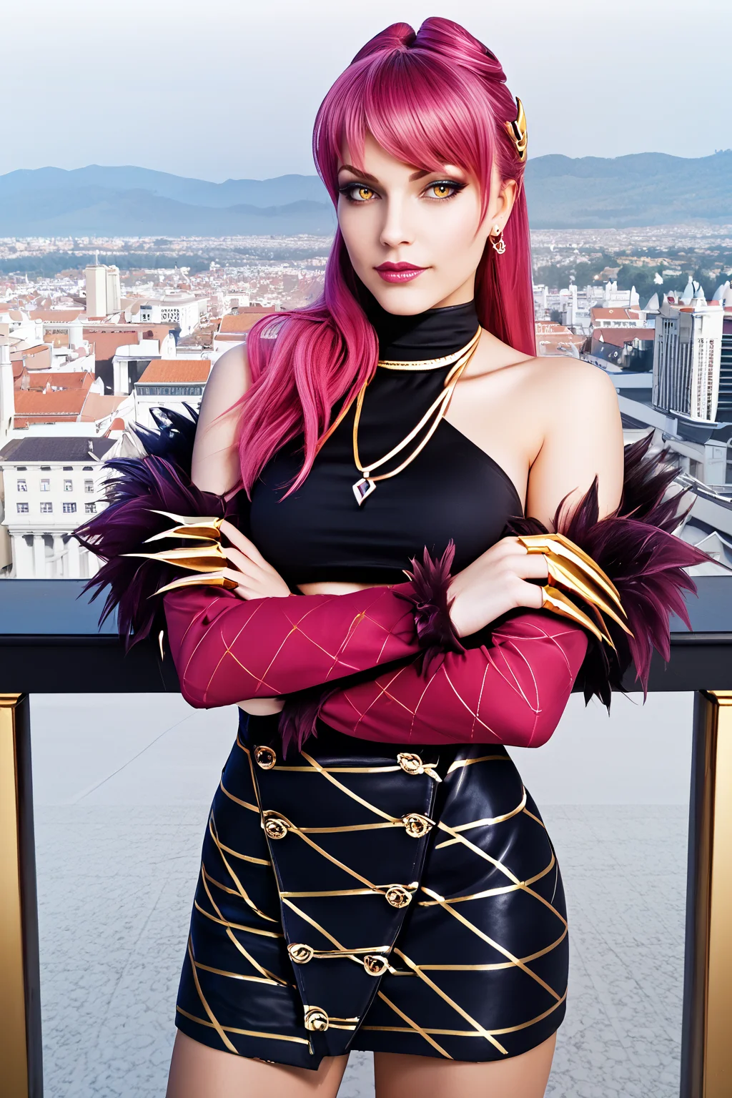 score_9, score_8_up, score_7_up, masterpiece, high quality,
<lora:KDAEvelynnPonyLora:0.9>1girl, long hair, pink hair, yellow eyes, makeup, hair over shoulder, fur boa, fur trim, necklace, halterneck, bare shoulders, detached sleeves, midriff, petticoat, golden claws, standing on a balcony, windy, crossed arms, arrogant look