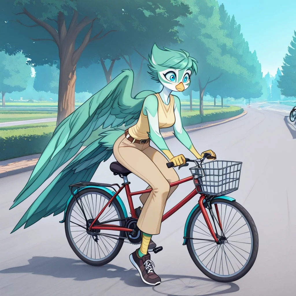Fae, solo,short hair,blue eyes,1girl,wings,furry,furry female,source_furry, green fur,beak,bird tail,
ground vehicle, bicycle, tree, outdoors, road, light smile, bangs, day, bicycle basket, pants, pavement, riding, shoes, street