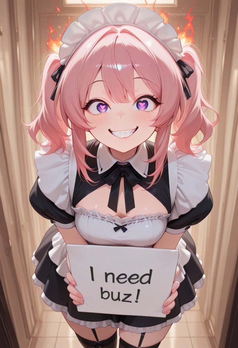 score_9, score_8_up, score_7_up, masterpiece, best quality, good quality, highly detailed, absurdres, intricate details, detailed eyes, detailed background, 1girl, solo, civchan, medium_hair, pink hair, looking_at_viewer, smile, bangs, anime, flames erupting from servers , surrounded by flames, twintails, purple_eyes, boots, maid, teeth, grin, cowboy shot, need_buzz, holding sign
heart-shaped pupils, [crazy eyes], cg, masterpiece, 8k,