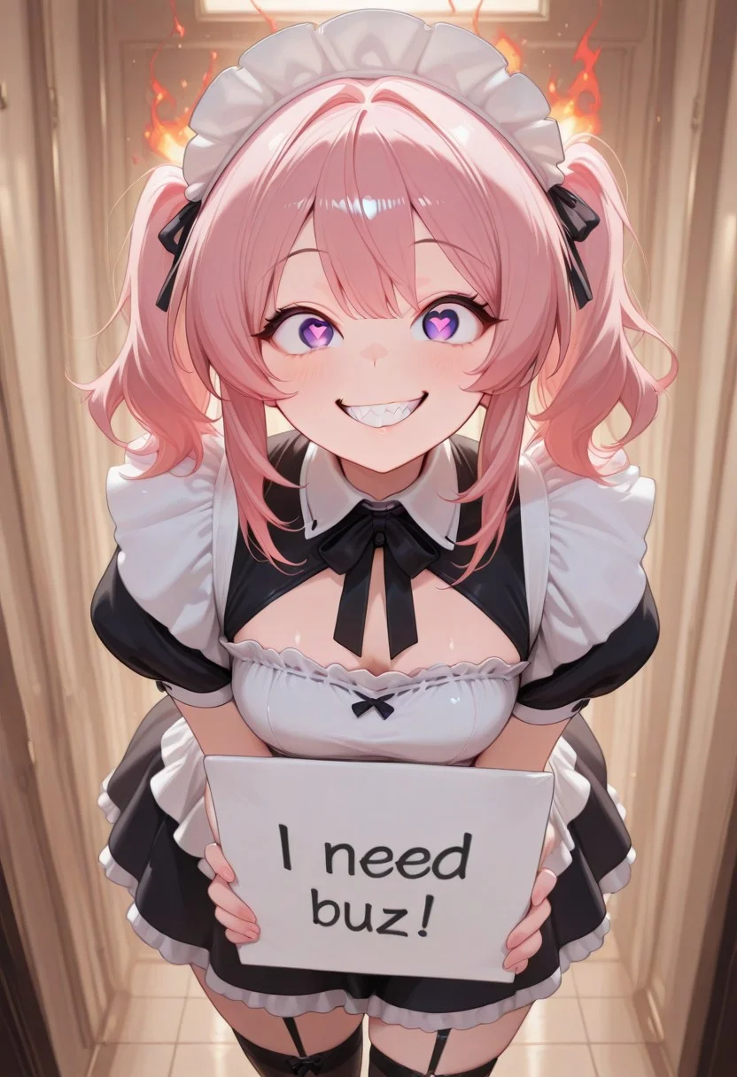 score_9, score_8_up, score_7_up, masterpiece, best quality, good quality, highly detailed, absurdres, intricate details, detailed eyes, detailed background, 1girl, solo, civchan, medium_hair, pink hair, looking_at_viewer, smile, bangs, anime, flames erupting from servers , surrounded by flames, twintails, purple_eyes, boots, maid, teeth, grin, cowboy shot, need_buzz, holding sign
heart-shaped pupils, [crazy eyes], cg, masterpiece, 8k,