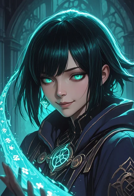 A high-resolution, cinematic illustration of a confident female fate dealer with a unique, asymmetrical hairstyle, viewed from a worm's-eye perspective as if from the table surface. She is facing the viewer, looking down with a sly smile, mid-action of throwing large, glowing dice towards the camera. The dice are in the extreme foreground, appearing massive due to foreshortening, with motion blur to convey movement. Her attire is a blend of mystic and modern, adorned with arcane symbols. The background is a blurred, dimly-lit, mystical casino, enhancing the focus on her intense gaze and the dice. Dramatic lighting casts dynamic shadows, emphasizing the depth and perspective of the scene.