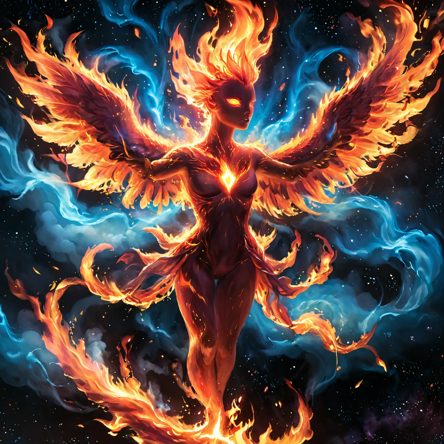 Dreamscape Alex Gross Style page flat drawing, vivid colors, sfw,
fire that looks like a ethereal phoenix flying in universe, flaming feather flowing over, glowing eyes, claws, large wings, stars, galaxy, raging flames, fire, flying pose,
<lora:xl_more_art-full_v1:1> <lora:Alex Gross Style:1> <lora:Aether_Fire_v1_SDXL_LoRA:0.5> <lora:add-detail-xl:0.4> . Surreal, ethereal, dreamy, mysterious, fantasy, highly detailed