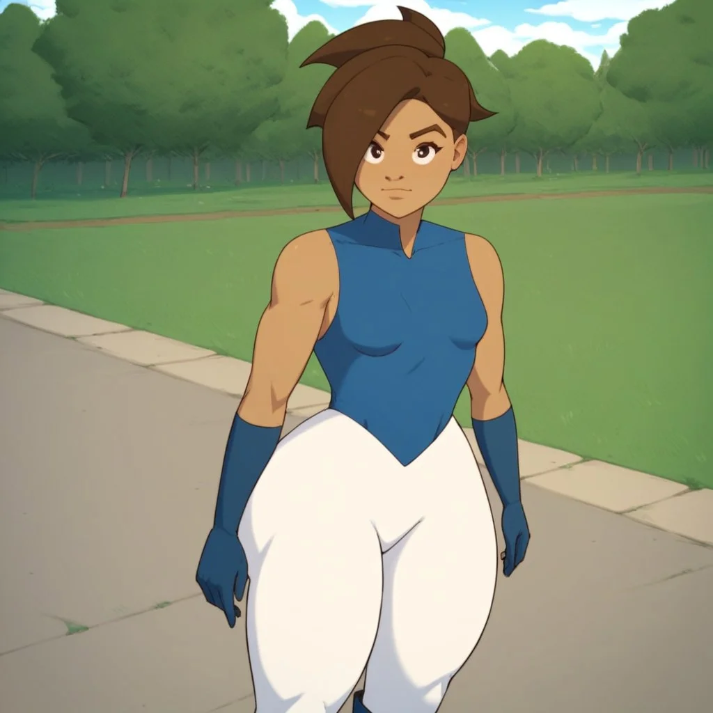 score_9,score_8_up,score_7_up,(masterpiece), best quality, expressive eyes, amazing quality, solo, 1girl, closed mouth, small breasts, boots, white pants, brown hair, thick thighs, outside, park, gloves