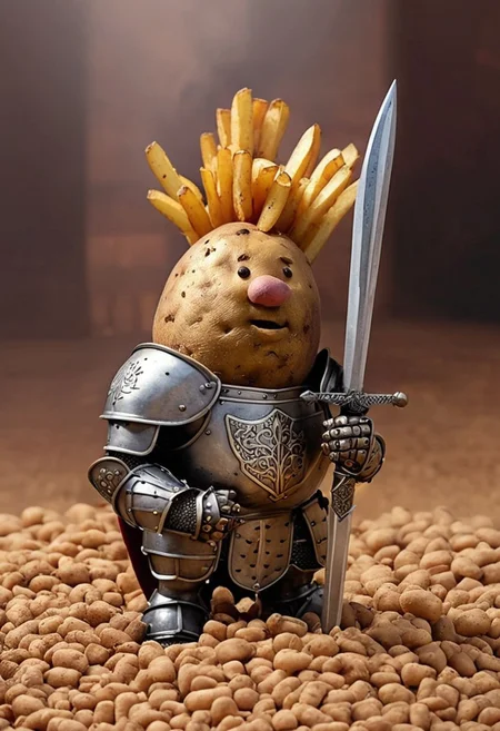 a potato in knights armor, normal potato, cute, scene from game of potato thrones
