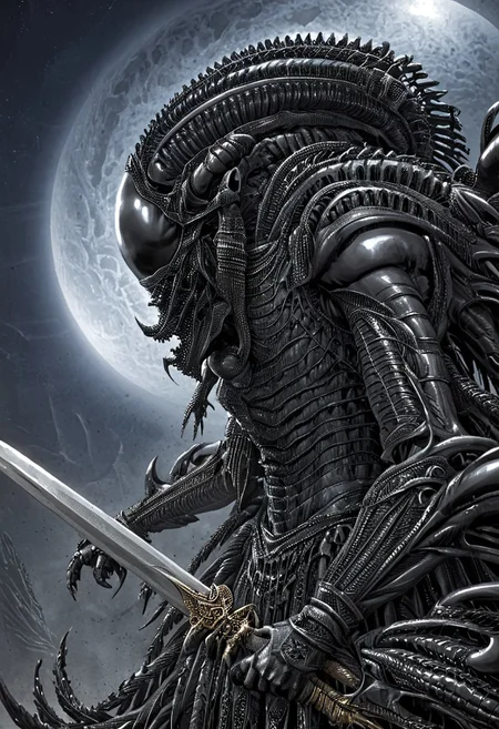 A closeup of fantastical image of a Xenomorph knight, clad in flowing, flowing robes, wielding an ornate, ornate blade. they wield the sword in a fluid, dynamic motion. The moon's reflection highlights their magical power, solo, wide angle, art by hr giger