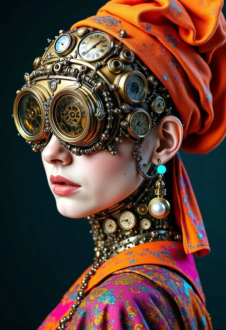 cpstyle01. The digital artwork captures the portrait of a Scandinavian woman in a high-energy, colorful pop-art style with a Steampunk twist. Her pale, porcelain skin contrasts against the intricate brass and copper mechanical accessories she wears. The portrait, inspired by the composition of The Girl with a Pearl Earring by Vermeer, is reimagined with bold, graphic outlines and a vibrant, electric color palette. Her ornate Steampunk helmet, designed in burnished metal, gleams with detailed gears, filigree, and delicate brass tubing. The circular visor that covers her eyes is now a gleaming, gilded clockwork lens, etched with antique watch-face designs that pop in bold contrast against her skin.
Her Victorian-inspired headgear, simplified into a dramatic, orange-and-gold silk wrap, adds an element of dynamic texture, floating against the bold background. The single mechanical pearl earring glows, slightly amplified with a light burst effect, adding futuristic flair. Her collar, a mix of brass filigree and riveted plates, shimmers with metallic threading and lace engravings in neon hues.
The background explodes into a pop-art version of a muted oxidized copper gradient, giving off a sense of both nostalgia and innovation, with a sheen of chrome and electric blue highlights reflecting off the subject. The overall effect merges classic elegance with the energetic, mechanical world of Steampunk in a playful, pop-art style filled with vivid hues.