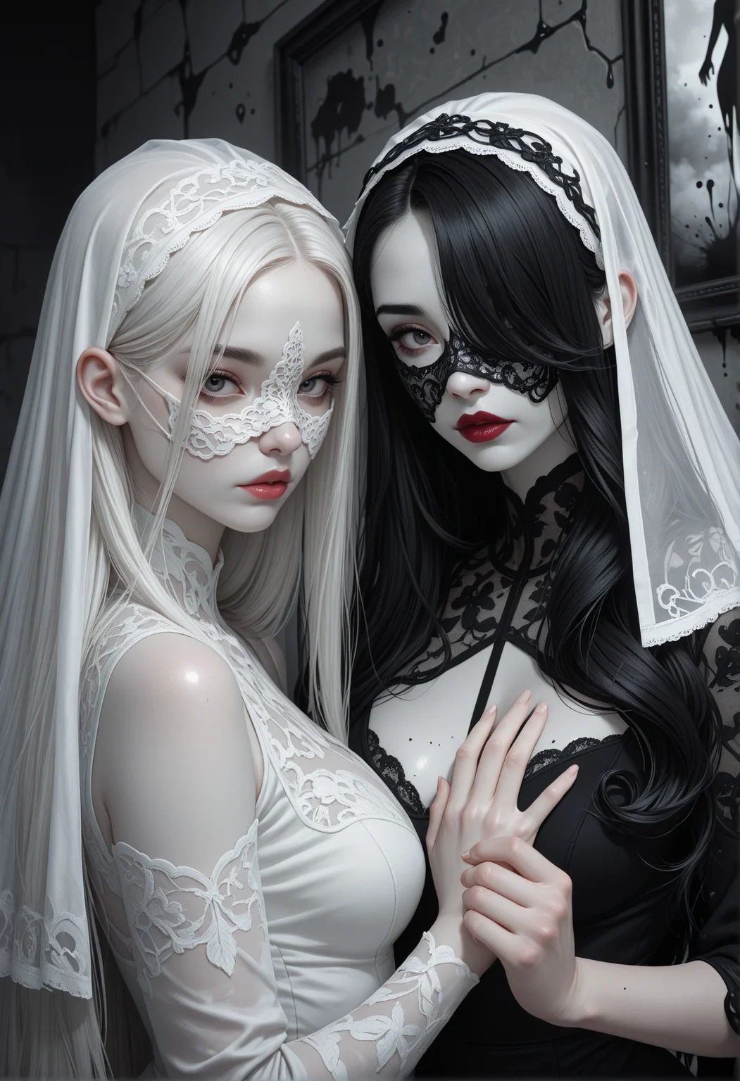 2girls, women, adult, looking at viewer, white_skin, white_hair, black_hair,
high_quality, highres, detailed_eyes, detailed, masterpiece, best quality, absurdres, 8k, HDR, face_focus,
messy_lipstick,
long hair, straight hair, very long hair, extreme curly thin hair, hair over eye, bangs, hair behind ear, lace, veil, lace-mask,
upper body view, angle_soft_focus, dynamic view, side view,
ink, wall, fog,
gray, black, white, limited palette, sensual