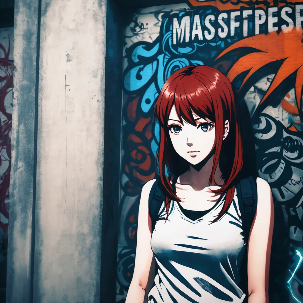 drawing of an anime girl with red hair standing in front of a wall, <lora:UrbanGraffiti:1>, UrbanGraffiti , cinematic light, (masterpiece:1.3), (intricate:1), best quality,