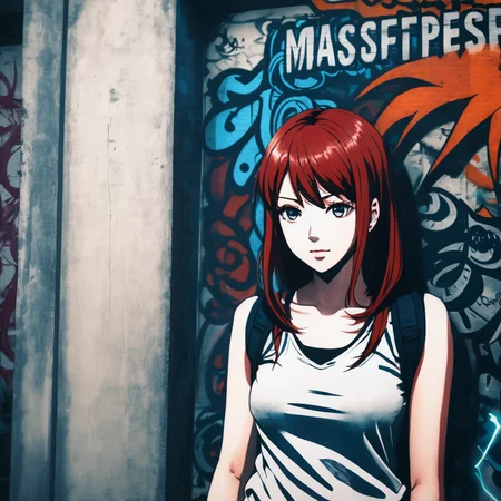 drawing of an anime girl with red hair standing in front of a wall, <lora:UrbanGraffiti:1>, UrbanGraffiti , cinematic light, (masterpiece:1.3), (intricate:1), best quality,