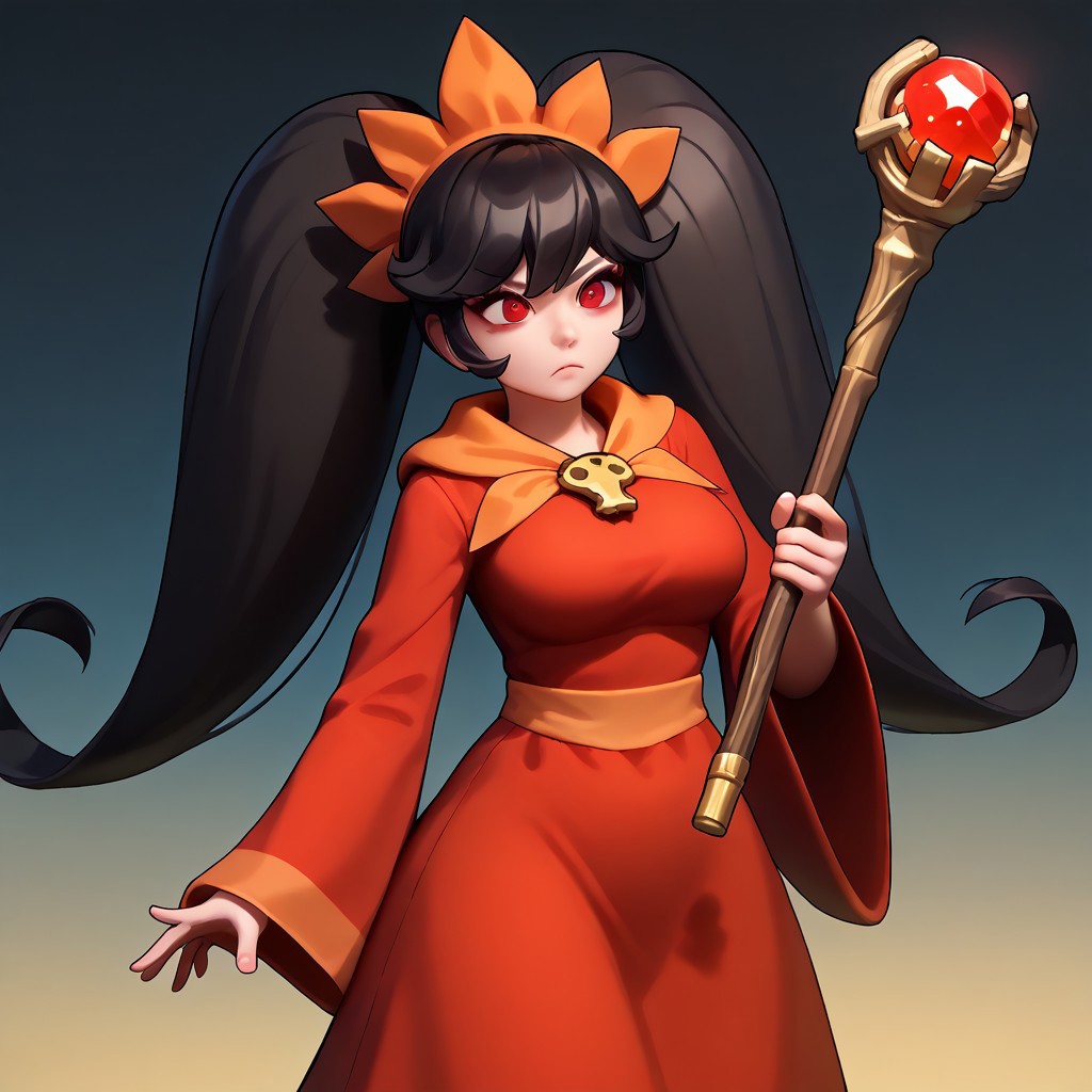 (masterpiece, best quality, pretty face, gloom, obscure background, ominous, anime, staff, cartoony), absurdres, high resolution, highres, highly rated, AddNet Weight 1: 0.6, score_9, (((1girl, unbothered))) ,((ashleywario, unique pose, 1girl, twintails, red eyes, long hair, black hair, dress, orange hairband, red dress, big hair, hairband)), ((fullbody, wide hips, alone, solo, saggy, dynamic, unique, boobs, red eyes, plump, haunted mansion, neutral, fullbody, big breasts, fat, mature))