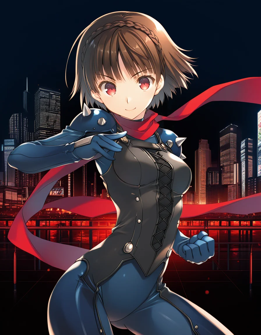 (mitsumi masato), <lora:1_illu_mitsumi_9e:1>, 1girl, Niijima Makoto, Persona 5, cowboy shot, brown hair, red eyes, crown braid, blue bodysuit, scarf, shoulder spikes, smile, closed mouth, short hair, small breasts, fighting stance, Tokyo, red and black background, city, (masterpiece, best quality, amazing quality),