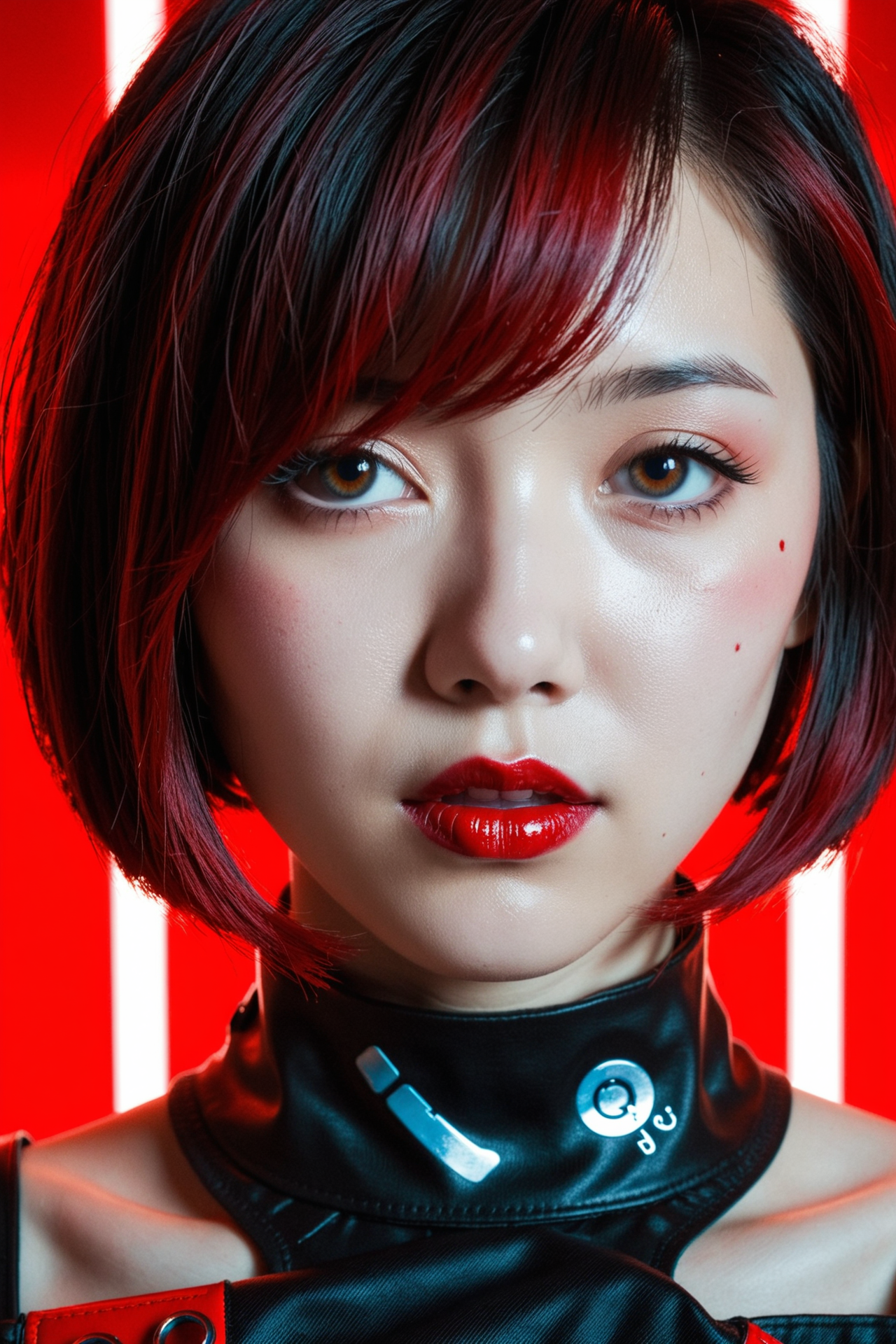 a woman, cyberpunk dyed haircut, portrait of female korean idol, faded effect, vertical portrait, by Nōami, portrait, red magic surrounds her, depth blur, merged, slit - scan photography, with a bob cut, red lipstick, soulful brown eyes