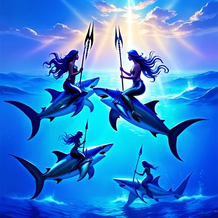 ethereal fantasy concept art of three mermaids are swimming in the ocean, they are riding sharks, they are holding spears, <lora:epwsdxl:0.8>, elementalplanewater, best quality, masterpiece, 4k, uncensored, prefect lighting, rating_explicit, very aesthetic, detailed, <lora:add_details_xl:0.6>, very detailed, <lora:SDXLHighDetail_v5:0.6> . magnificent, celestial, ethereal, painterly, epic, majestic, magical, fantasy art, cover art, dreamy